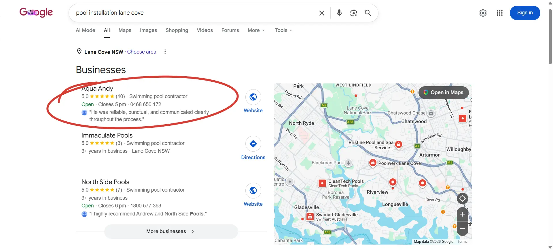 Google results for 'pool installation lane cove' showing Aqua Andy as the top result, ahead of competitors with far more reviews