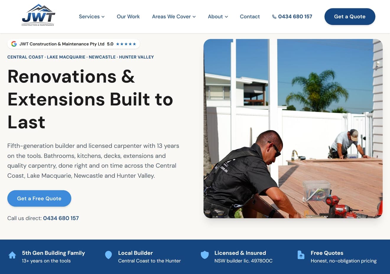 The new JWT Construction & Maintenance homepage built by Made 4 Tradies, with a 5.0 Google rating badge, the regions Jesse covers, a clear headline and a Get a Free Quote button