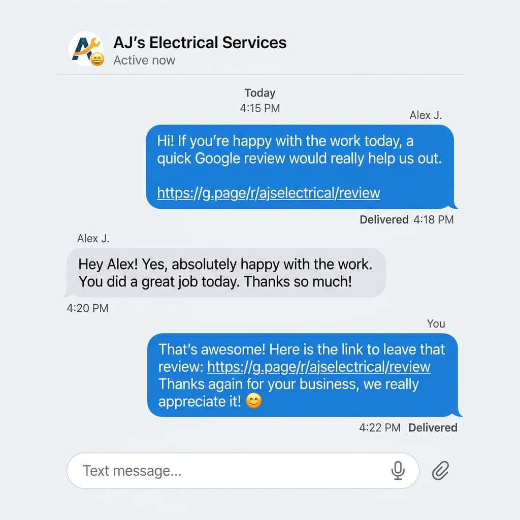 SMS review request sent to a customer after a tradie job — the fastest way to collect Google reviews.