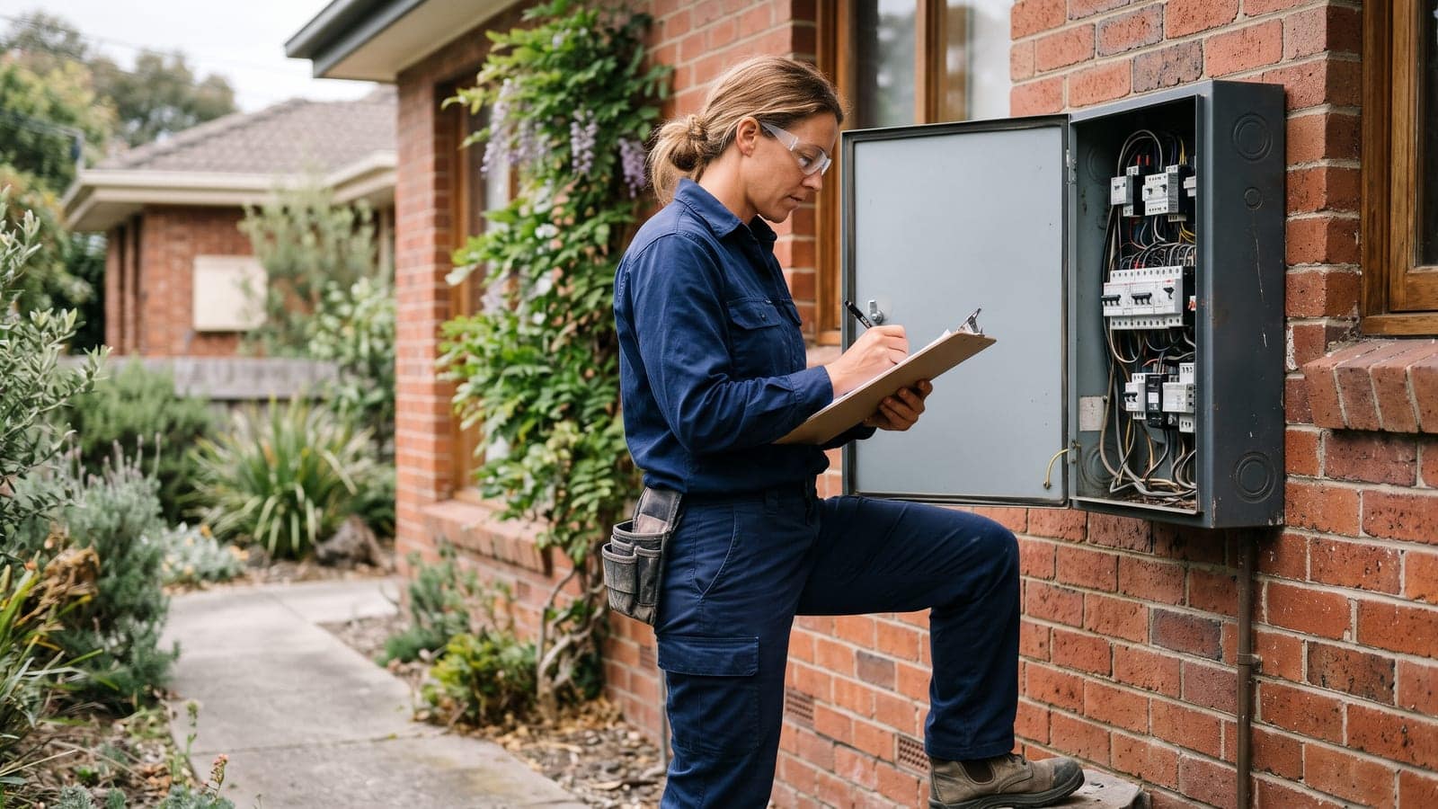 An Australian electrician in navy workwear and safety glasses noting results on a clipboard beside an open switchboard on a brick house.