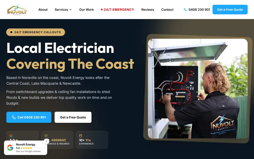 Nuvolt Energy electrician website built by Made 4 Tradies, shown on desktop