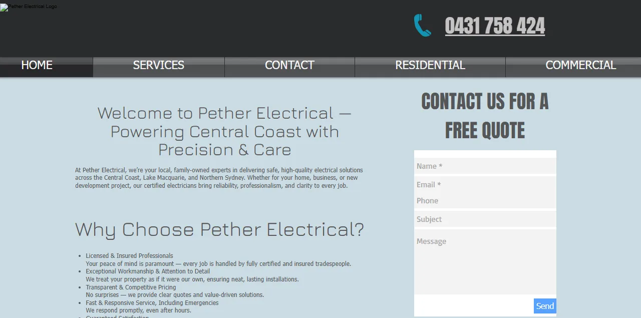Pether Electrical's previous website before the rebuild