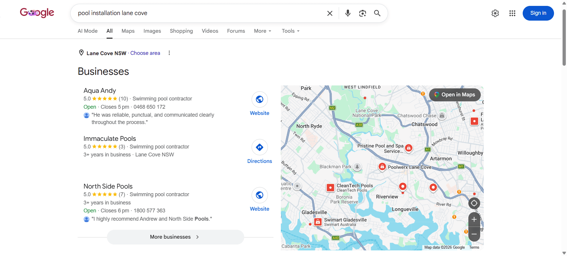 Google results for 'pool installation lane cove' showing Aqua Andy as the top result