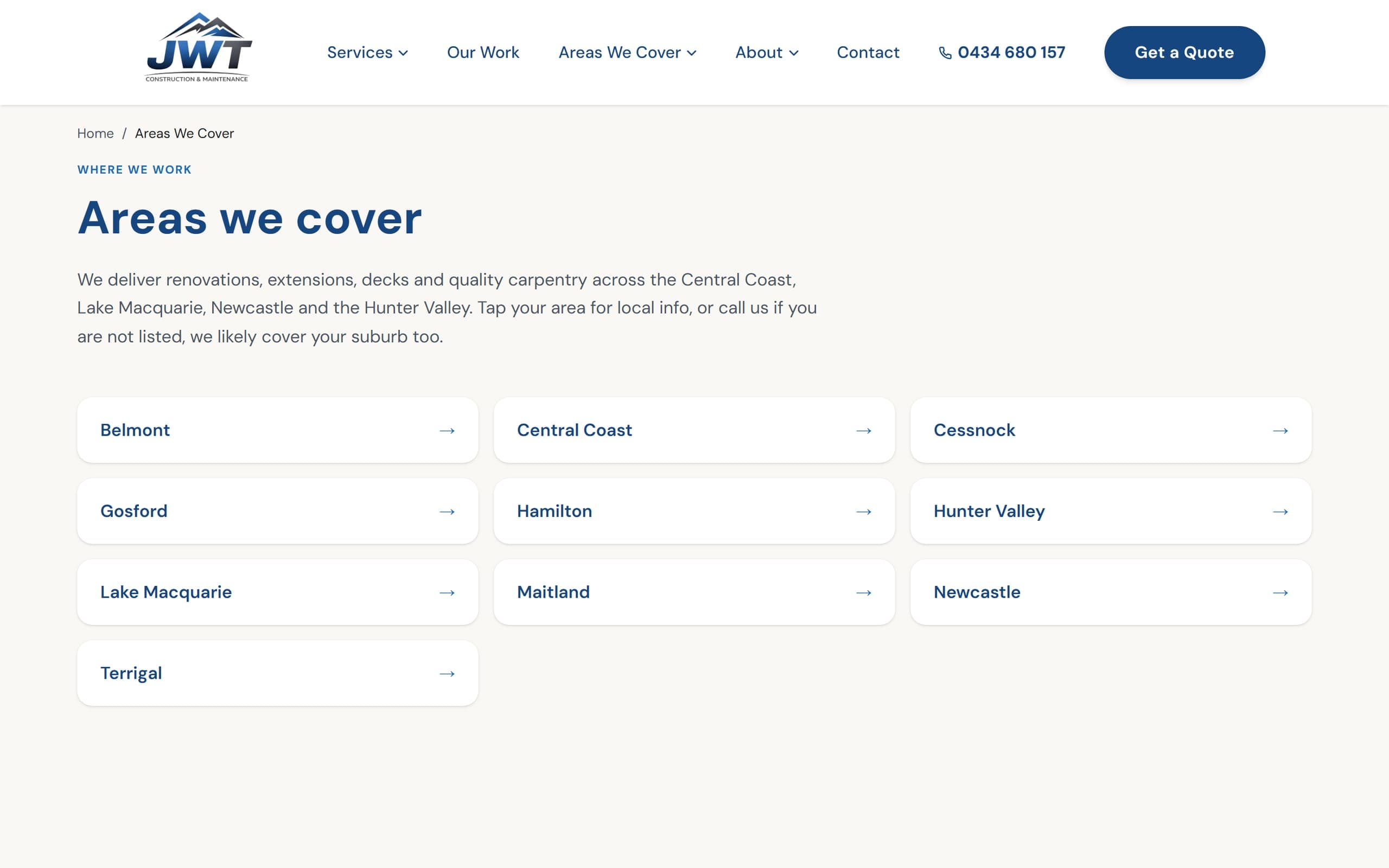 The JWT Construction areas page, with a page for each area Jesse covers, from Belmont and Gosford to Newcastle and the Hunter Valley
