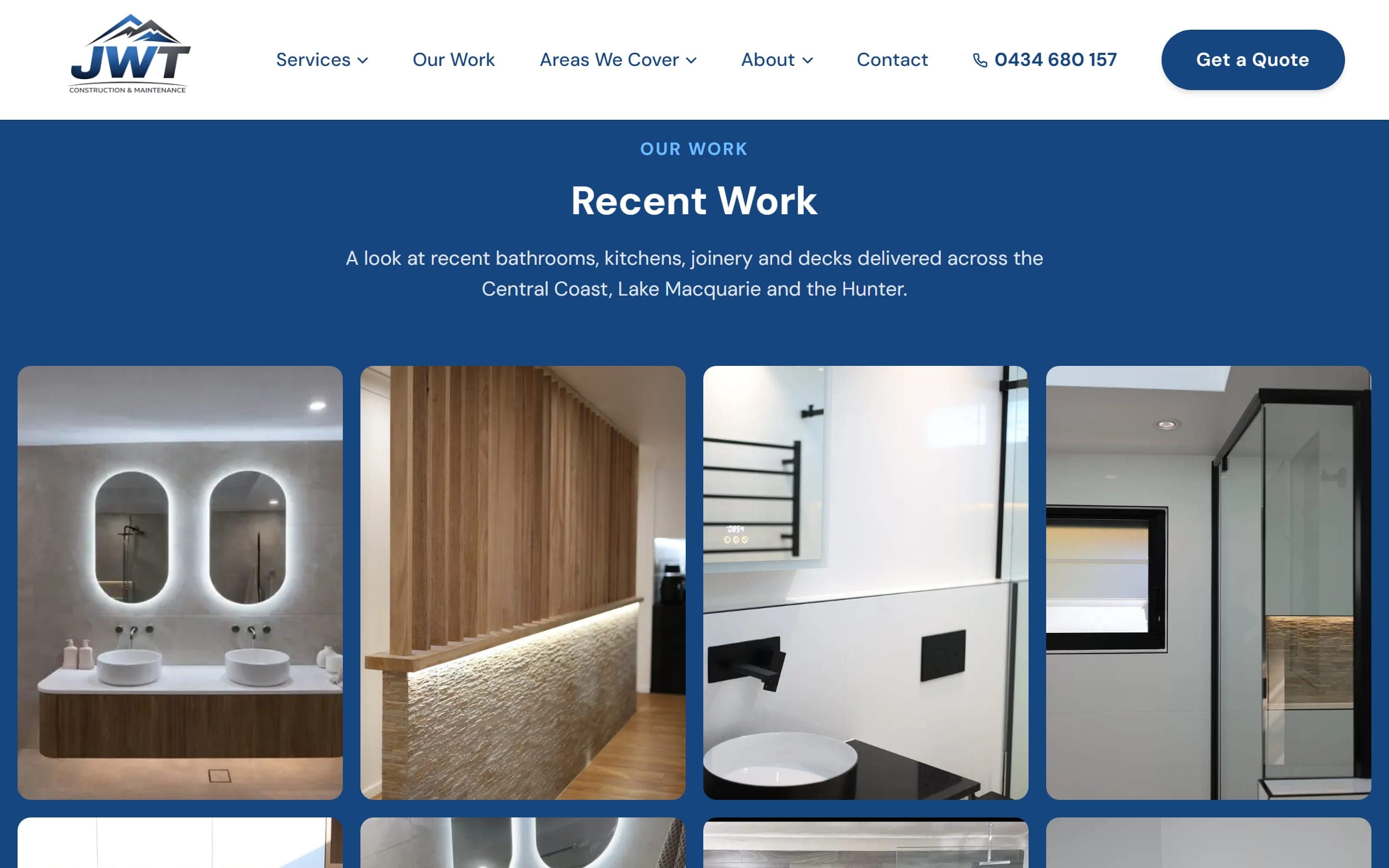 The Recent Work section of Jesse's new homepage, with photos of his finished bathrooms and joinery