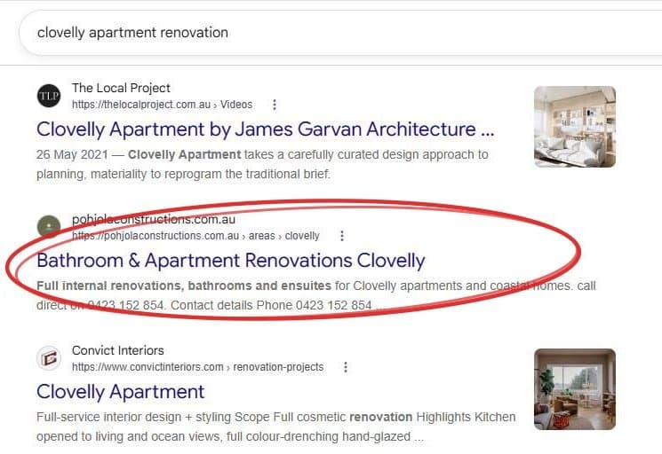 Google results for 'clovelly apartment renovation' with the pohjolaconstructions.com.au listing circled in red on page 1, alongside architects and established builders