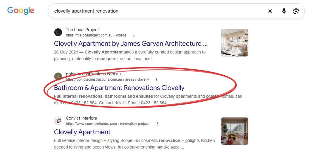 Google results for 'clovelly apartment renovation' with the pohjolaconstructions.com.au listing circled in red on page 1, alongside architects and established builders