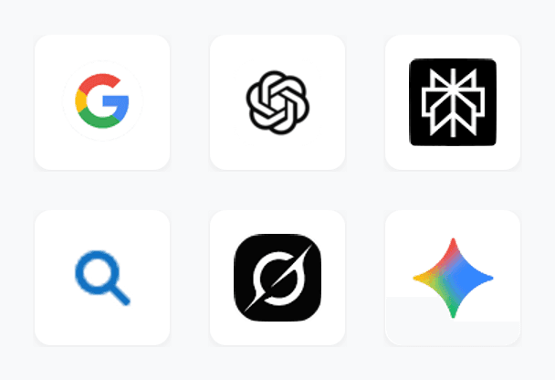 A grid of logos for Google, ChatGPT, Perplexity, Bing, Grok and Gemini.