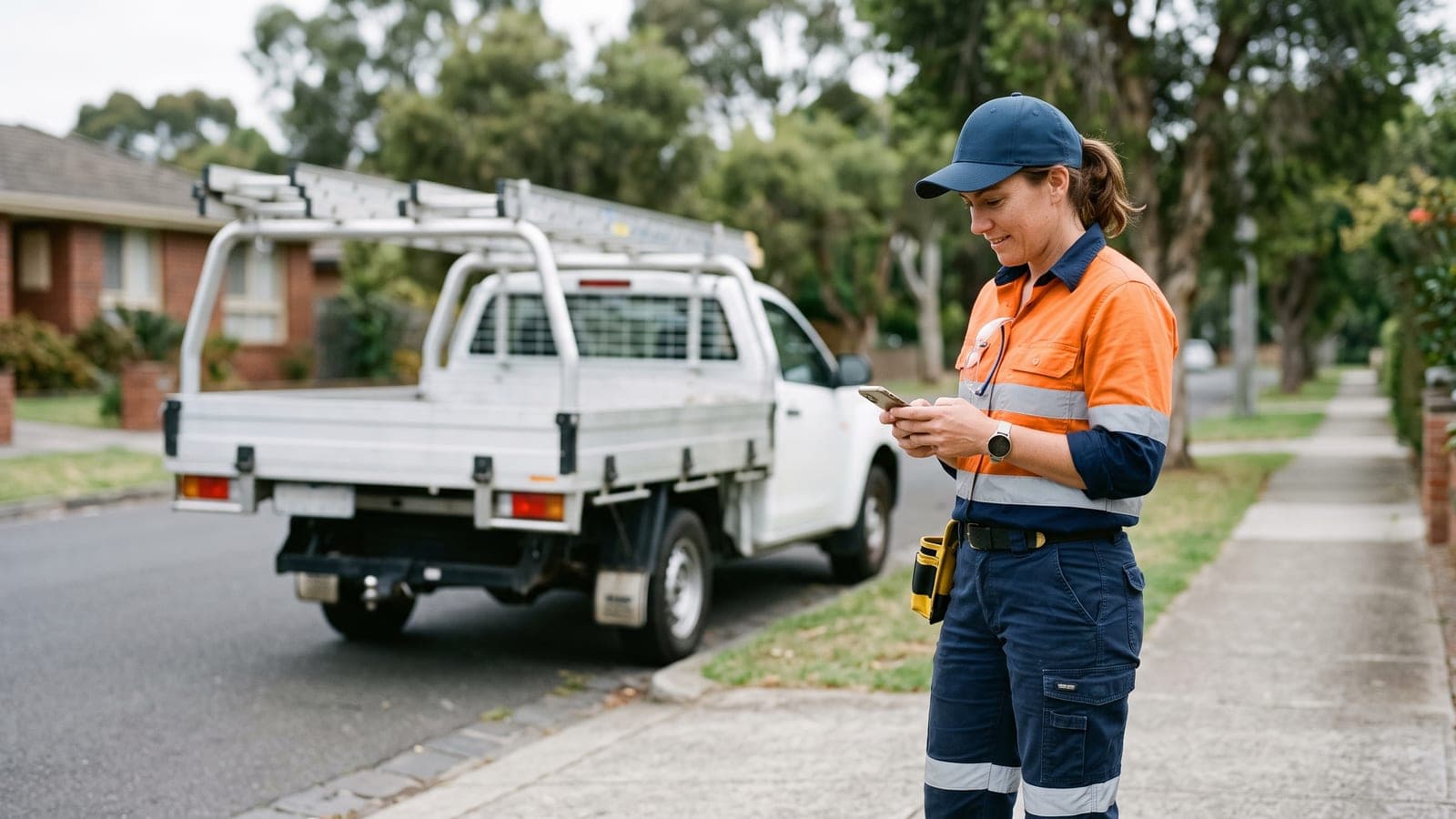 An Australian electrician in hi-vis standing beside her work ute on a suburban street, checking her phone before the first job of the day.