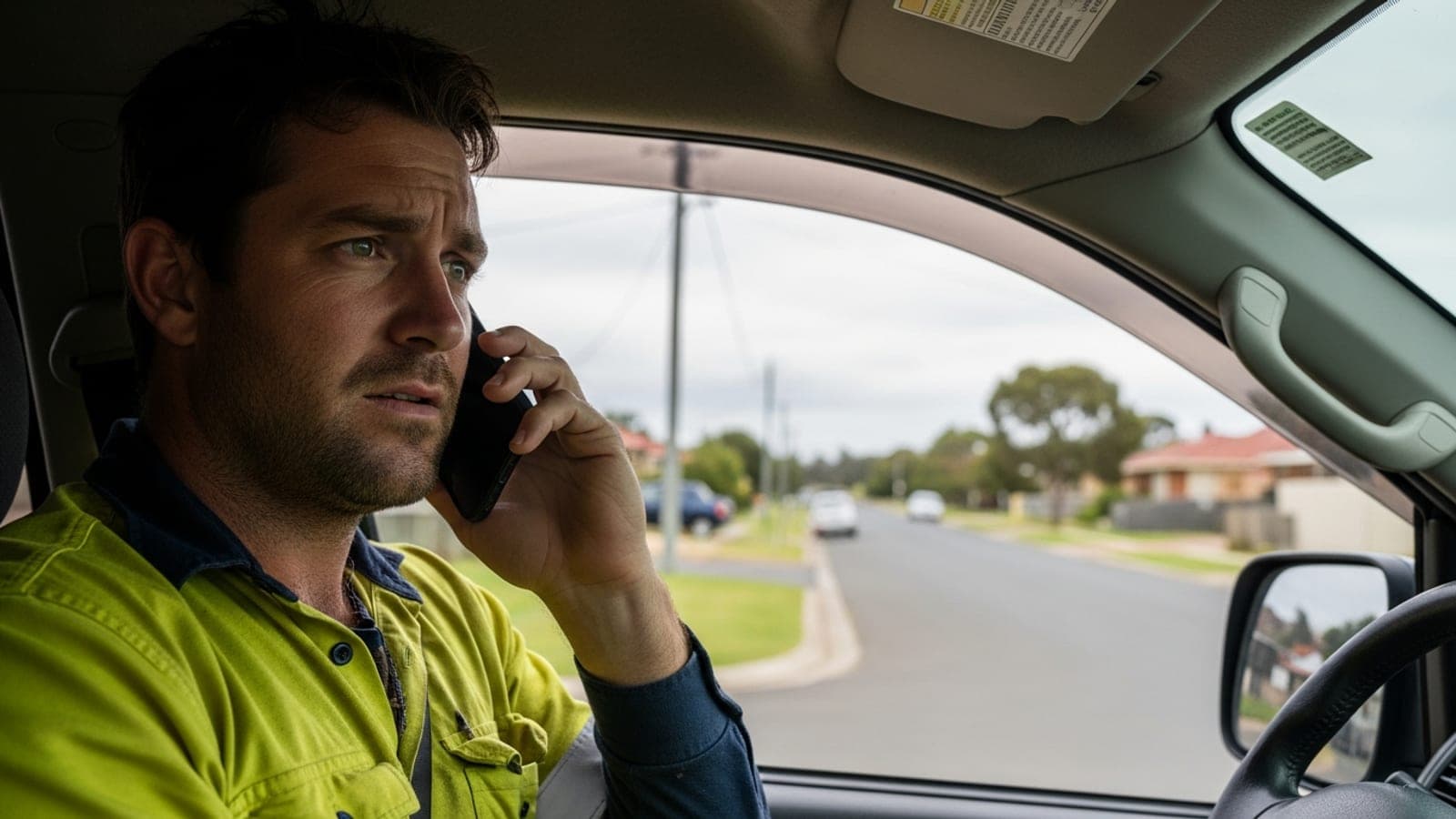 An Australian tradie sitting in his work ute making a phone call with a concerned expression, taking a customer issue offline to resolve it the right way.