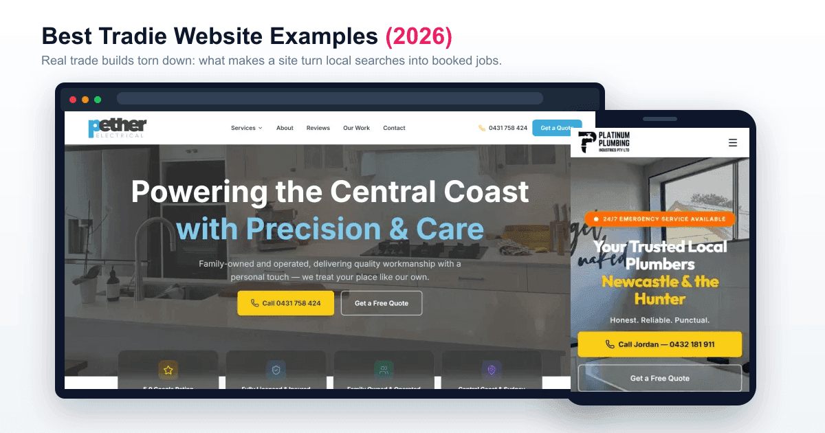 Laptop and smartphone mockups displaying high-converting tradie website examples with one-tap calling and verified reviews.