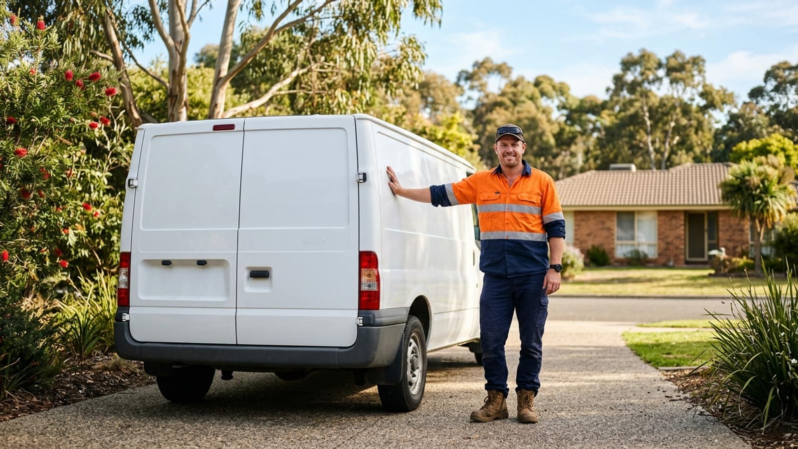 An Australian tradesman standing beside his white trade van in a sunny suburban residential driveway.