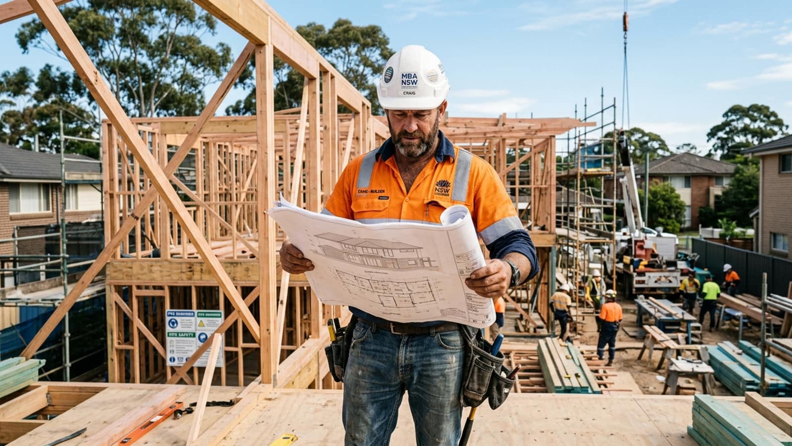 An Australian residential builder reviewing site plans and structural framing at a modern home construction build.
