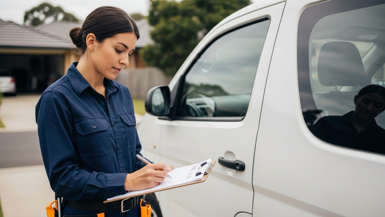 An Australian female plumber beside her plain white van in a suburban driveway, writing a call-out fee on a paper invoice pad resting on a clipboard.