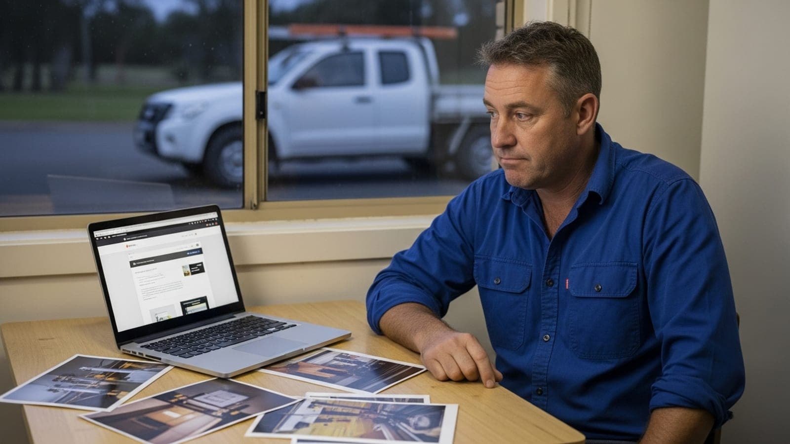 An Australian tradesman at a kitchen table comparing a bland website template on his laptop with printed photos of real job work, ute parked outside.