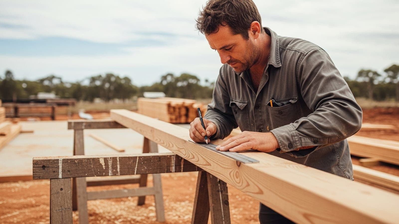 An Australian carpenter marking a cut line on framing timber with a pencil and square on a sawhorse at an outdoor building site.