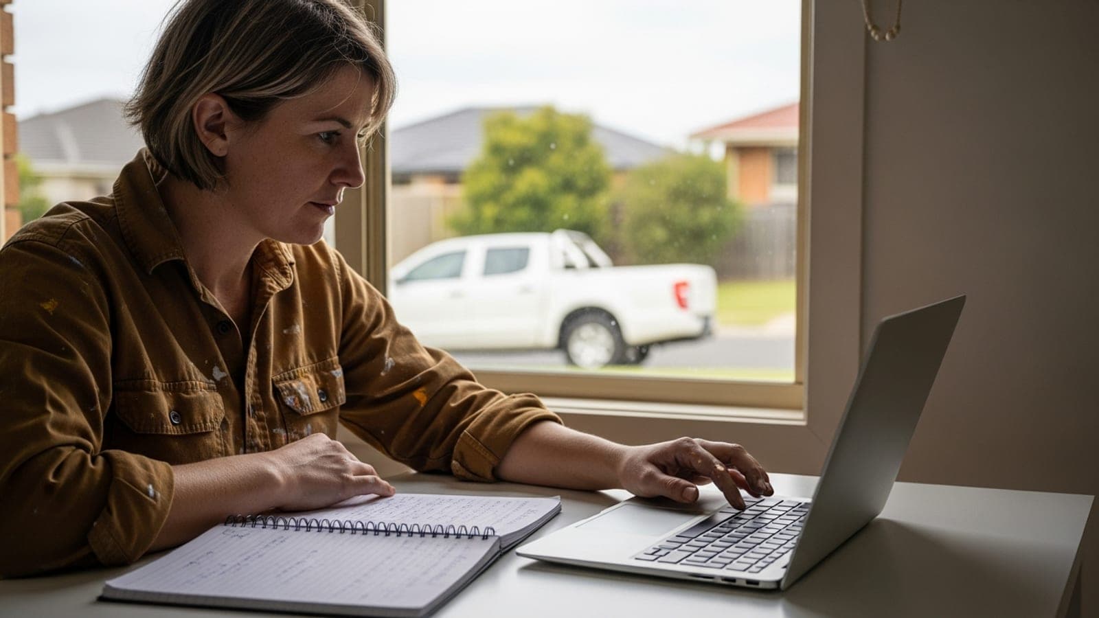 An Australian tradeswoman at a kitchen table editing a short message on a laptop with a notebook of job notes beside her, ute outside.