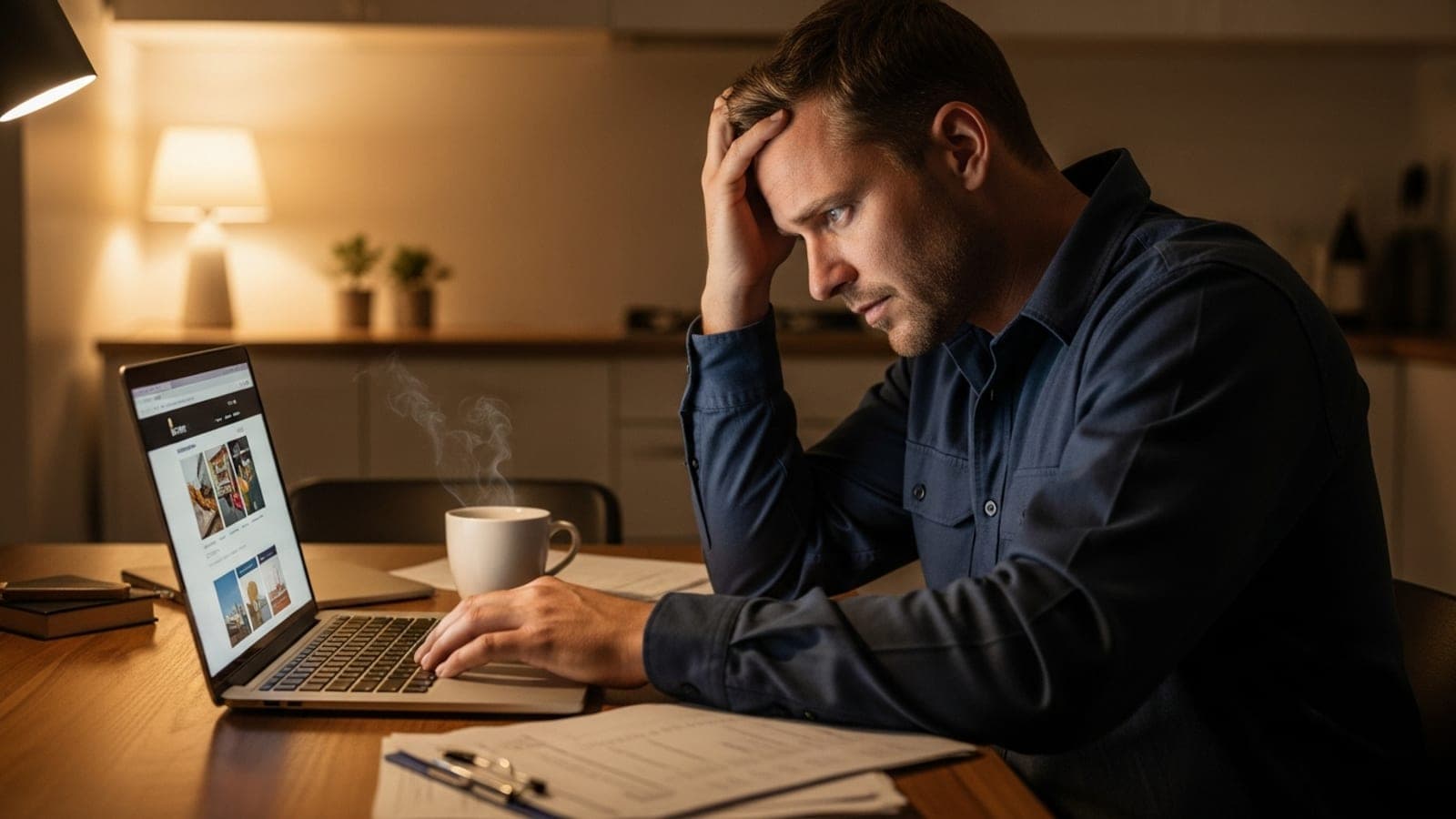 An Australian tradesman at his kitchen table at night, looking frustrated as he tries to build his own website on a laptop.