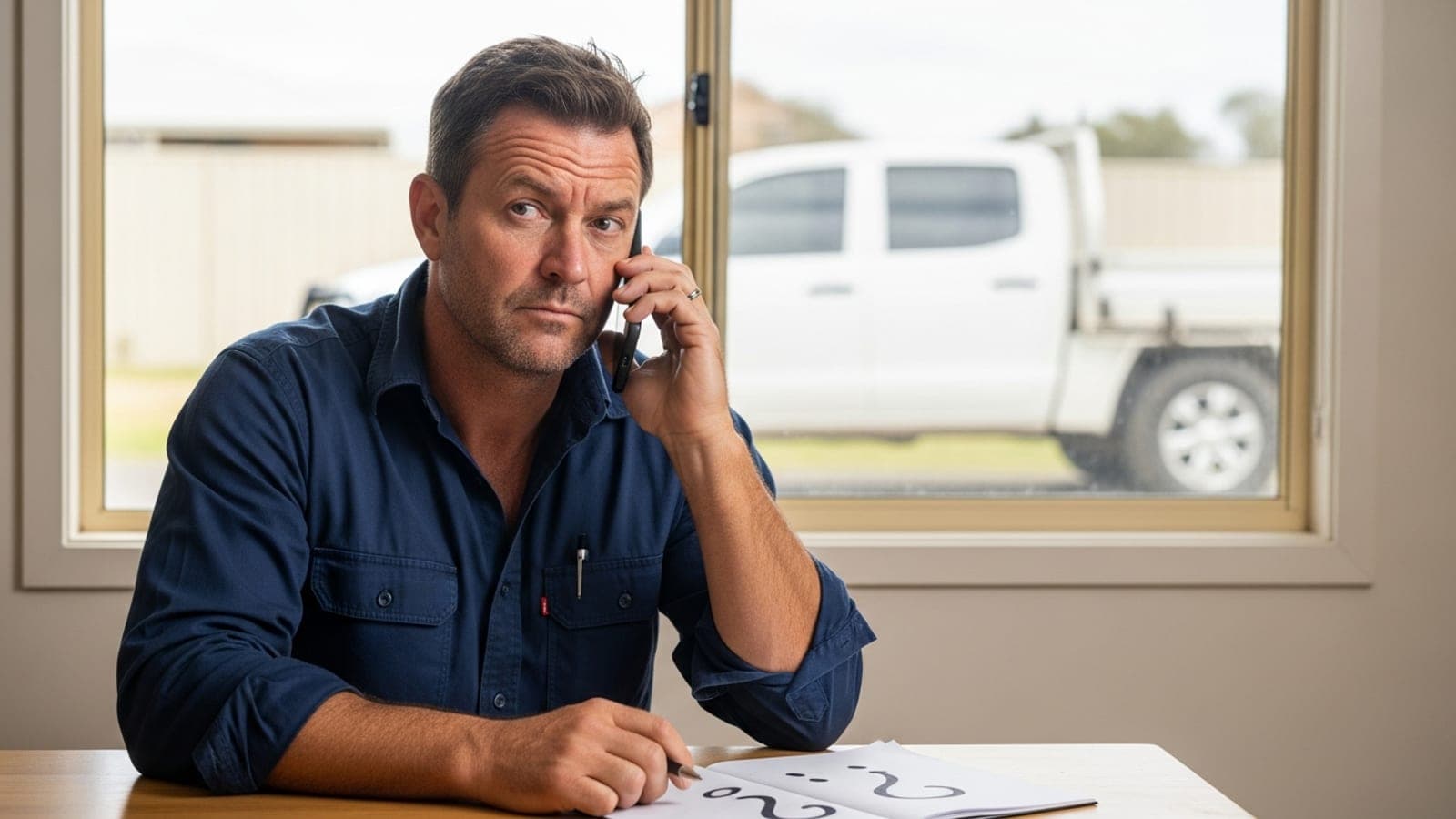 An Australian tradesman looking sceptical at a phone call, notepad ready with questions about an SEO pitch.