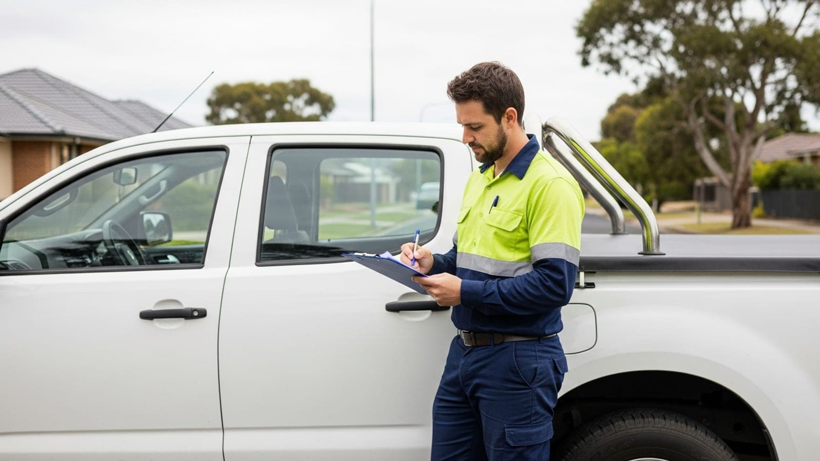 An Australian plumber reviewing his business registration paperwork beside his work ute on a suburban street.
