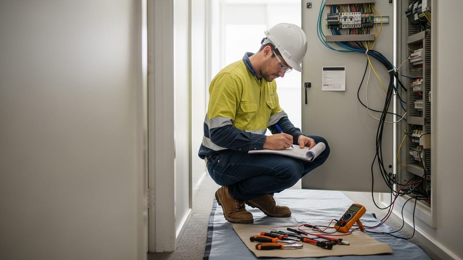 An electrician in PPE writing a job total on an invoice pad beside an open switchboard in a suburban hallway, his multimeter and hand tools laid out on a drop sheet.