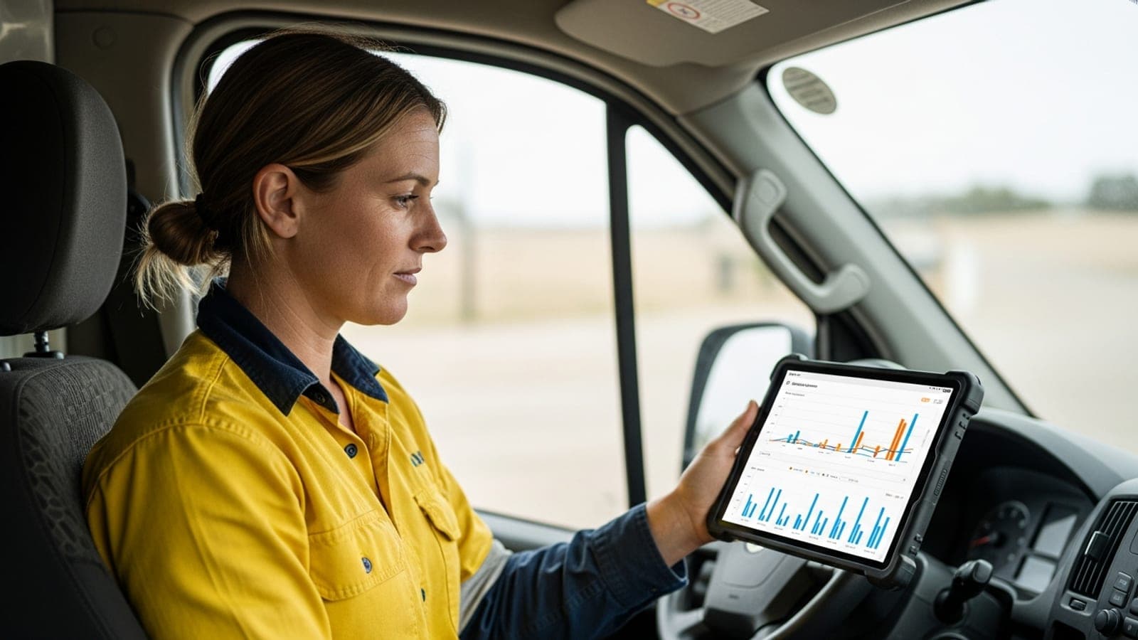 An Australian tradeswoman checking Facebook ad performance charts on a tablet inside her work van.