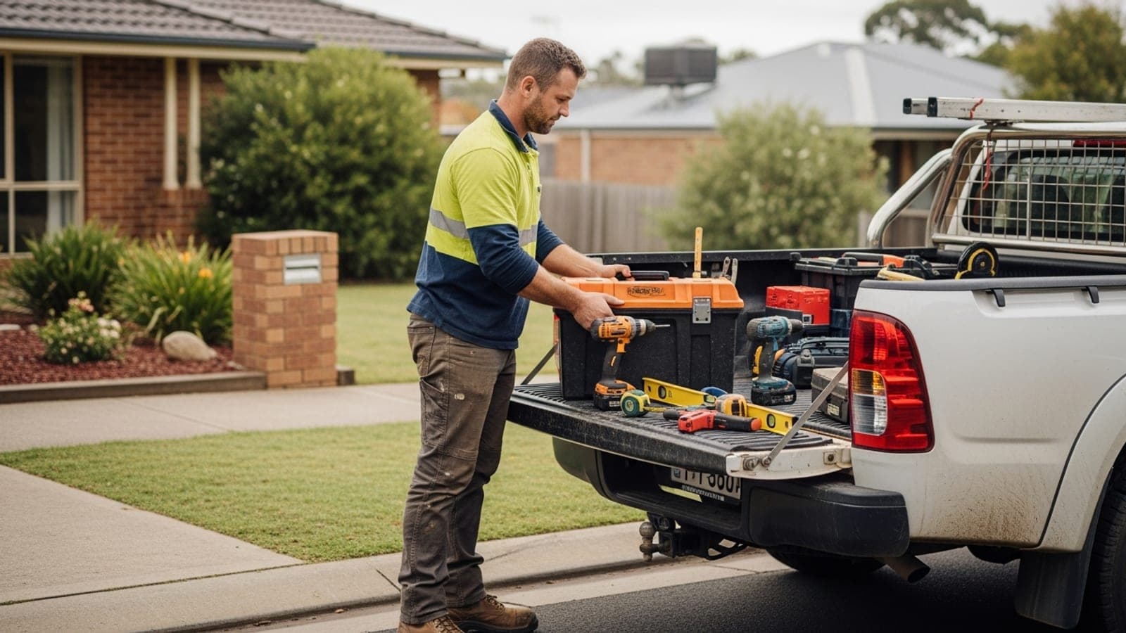 An Australian tradesman loading his tools and toolbox into the ute tray outside a house, ready to head to a job.