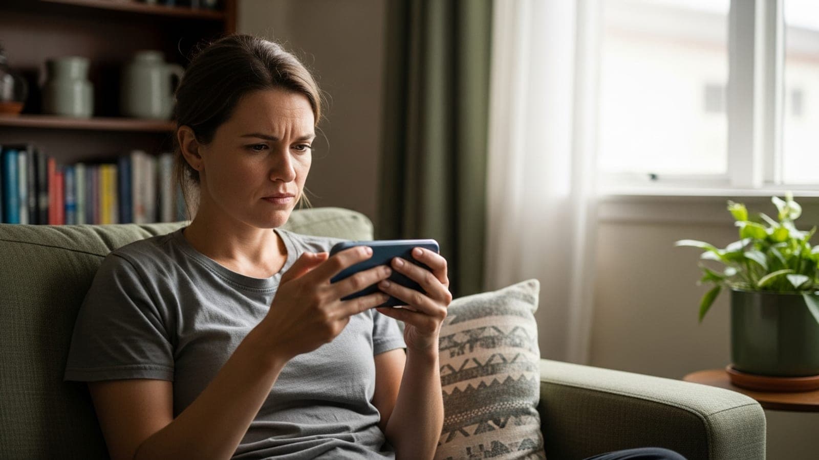 An Australian homeowner sitting on her sofa, searching for a local tradesperson on her phone with a frustrated expression.