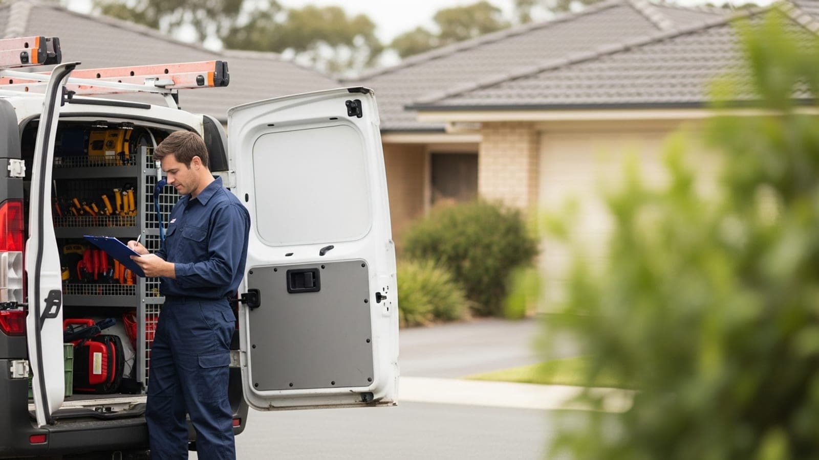 An electrician in navy work uniform at the open rear doors of his white work van in a suburban driveway, checking paperwork on a clipboard.
