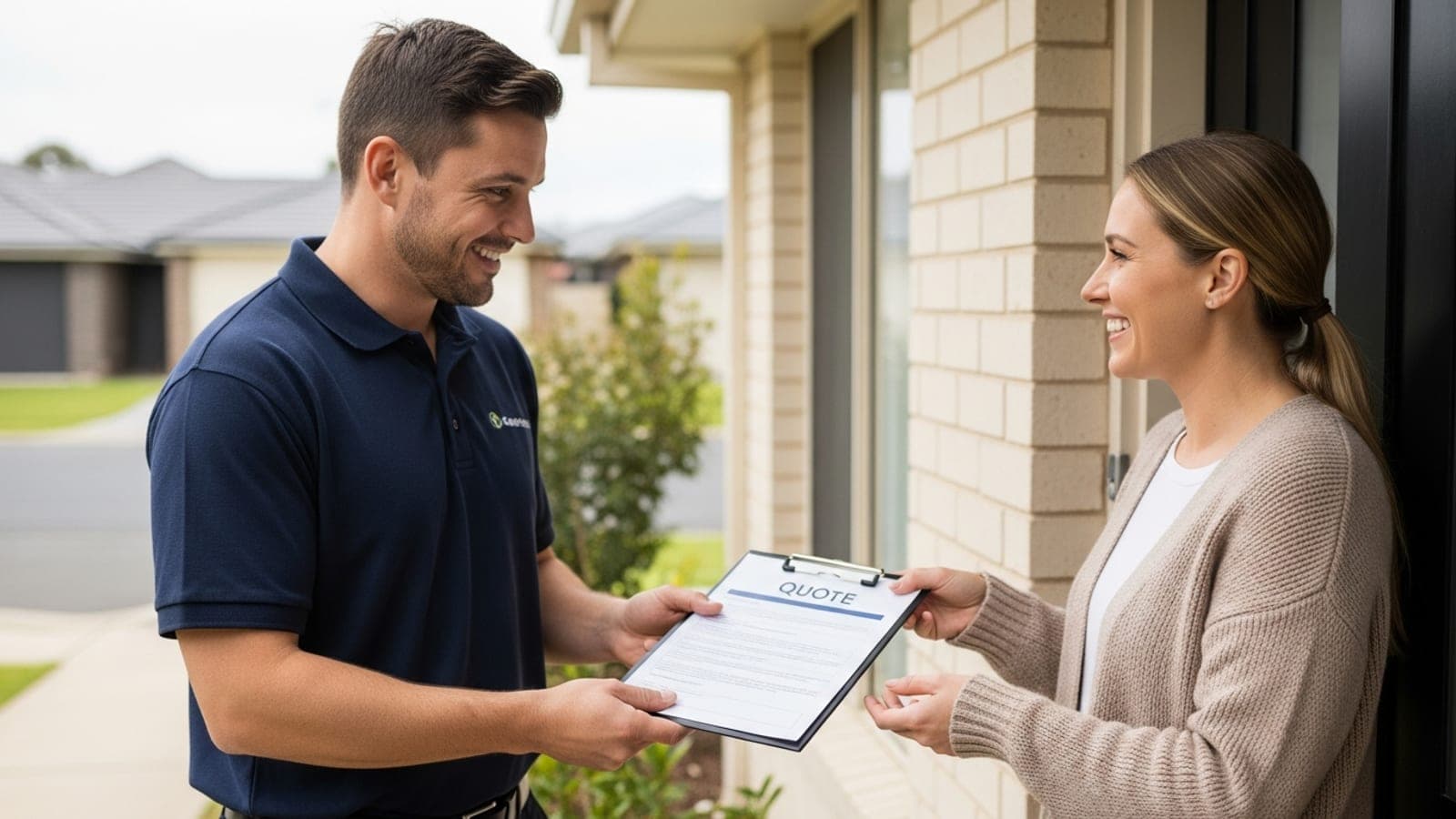 An Australian tradesman handing a printed quote on a clipboard to a smiling homeowner at her front door.