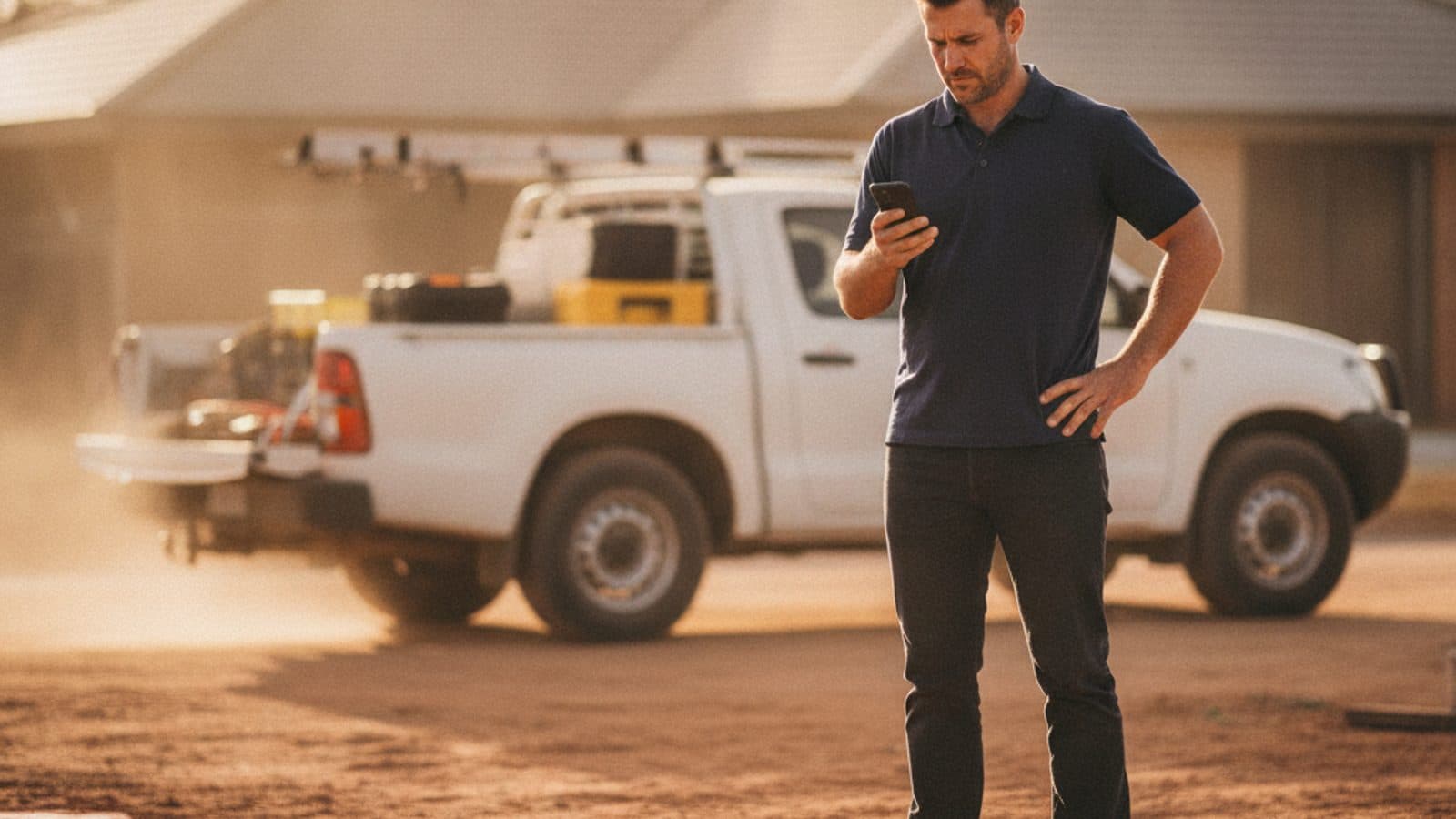 An Australian tradesman reviewing Google Ads search results on his phone at a worksite.