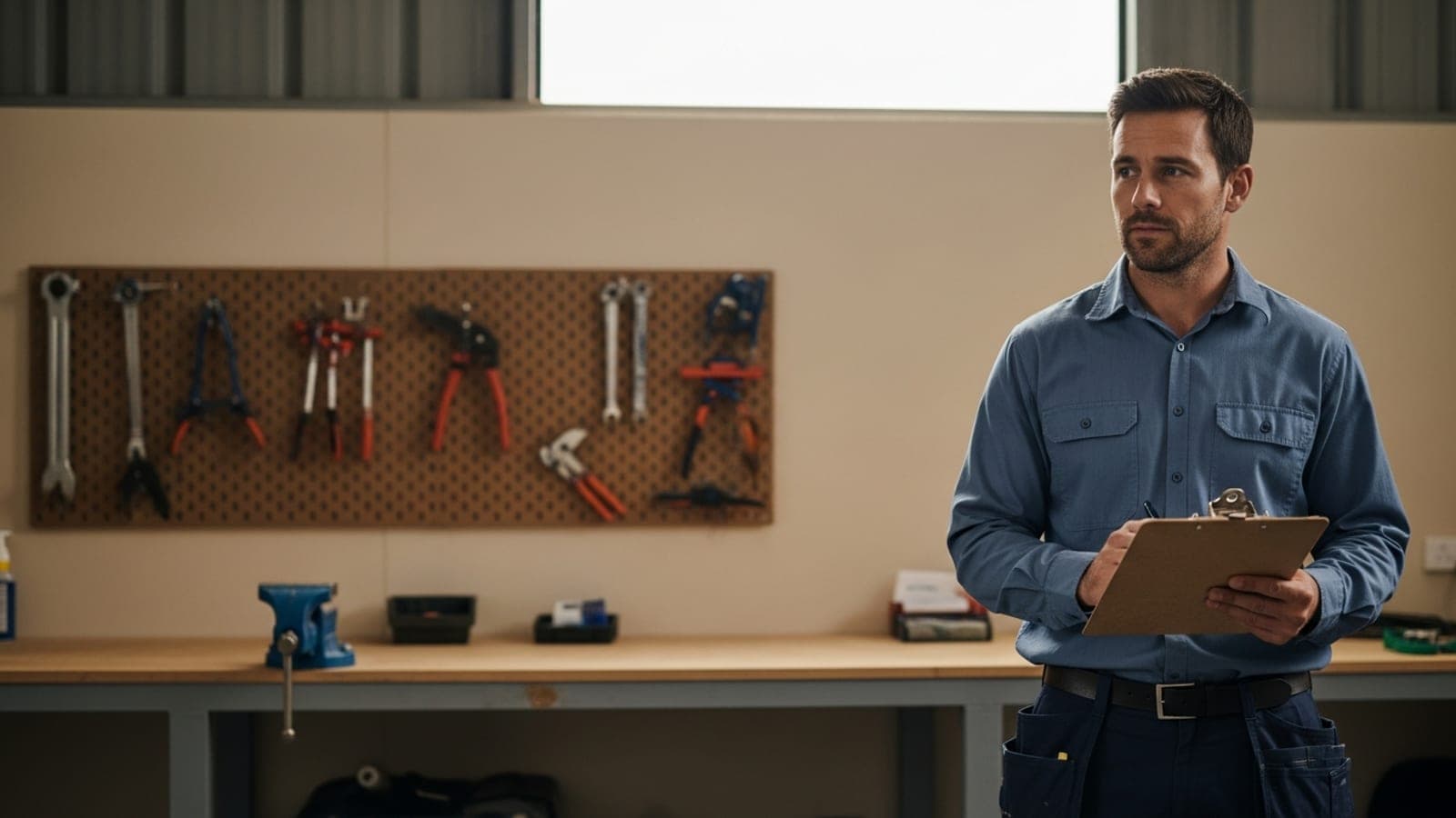 An Australian plumber in clean workwear in a tidy workshop reviewing customer questions on a clipboard.