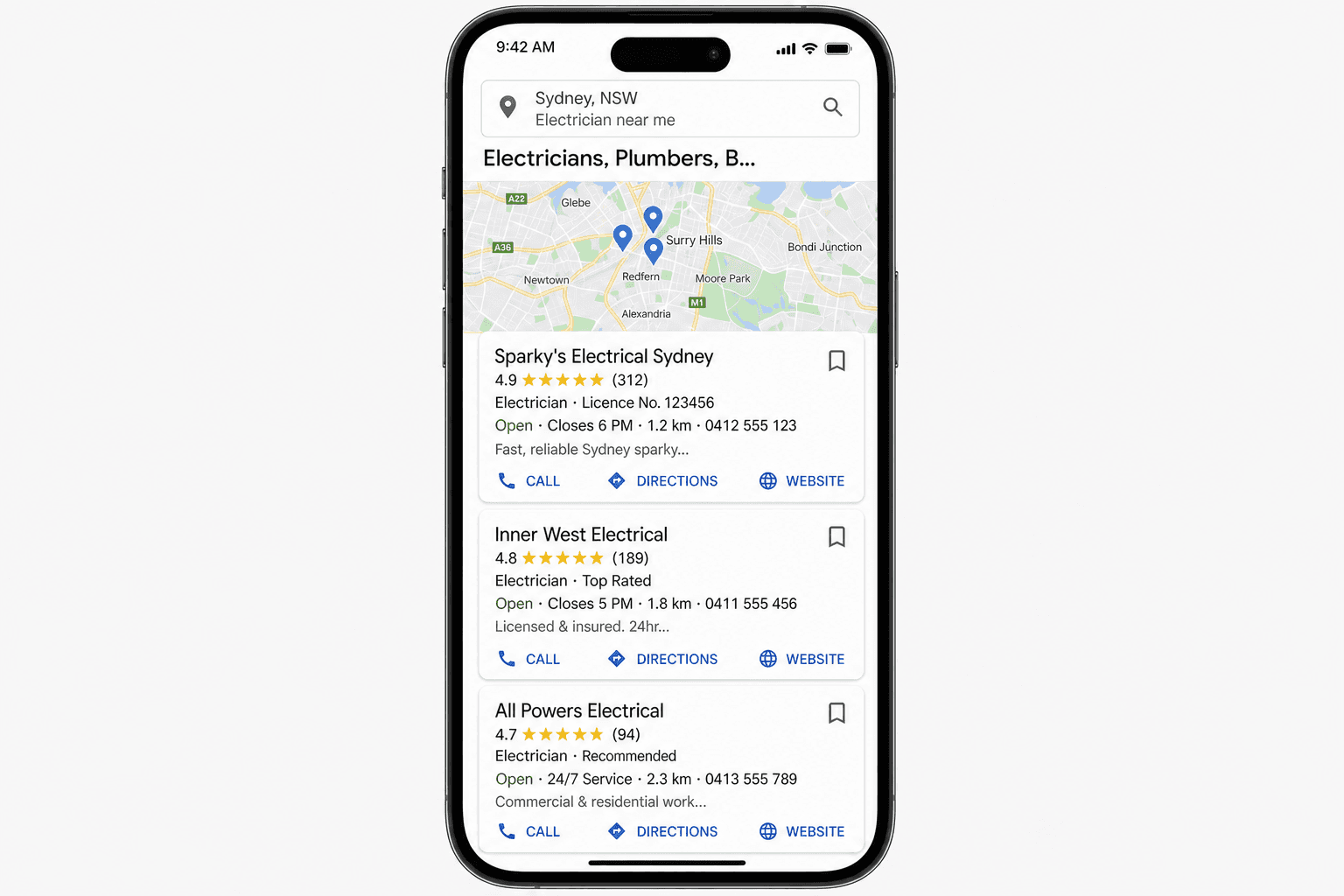 Google Maps local 3-pack showing electricians in Sydney, the top three positions every tradie is competing for.