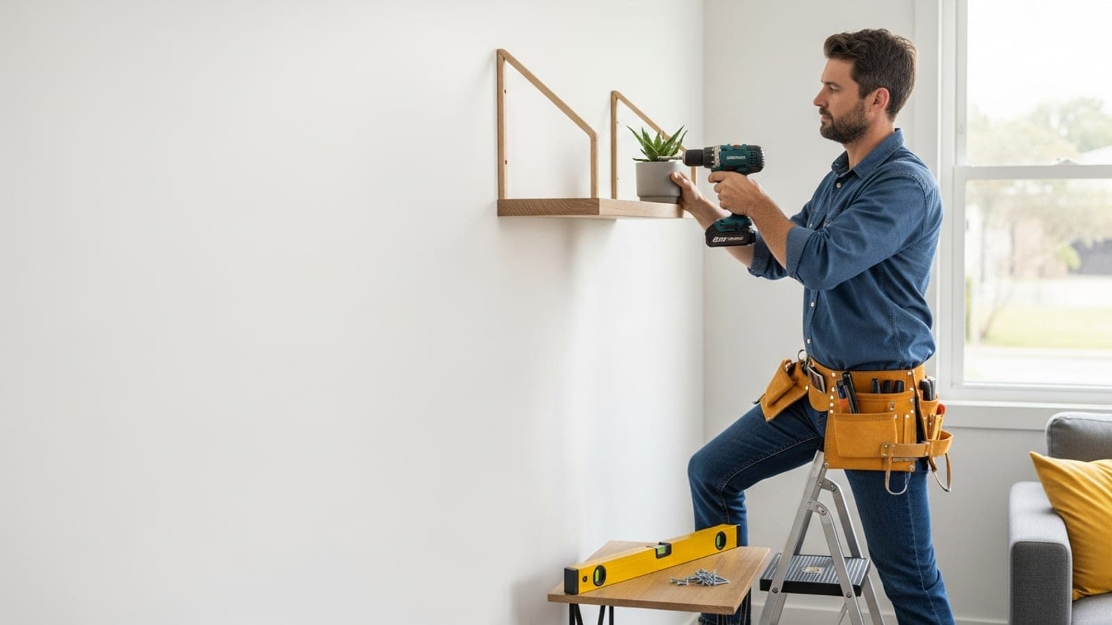 An Australian handyman in a tool belt standing on a step stool, using a cordless drill to mount a floating timber shelf on a living-room wall, a spirit level and screws on a side table beside him.