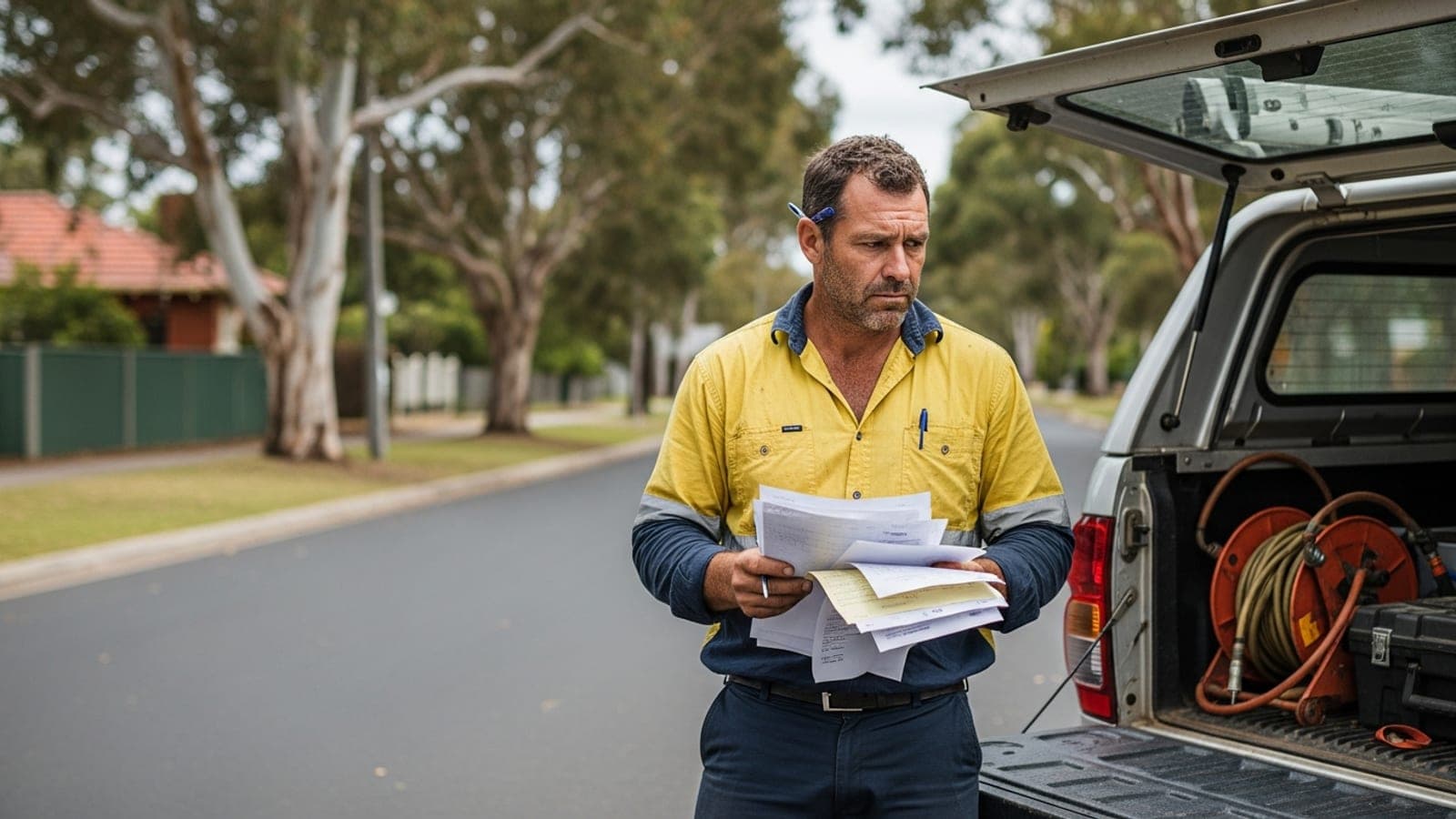 An Australian tradesman at his open ute tray, frowning over a stack of paper invoices and lead bills.