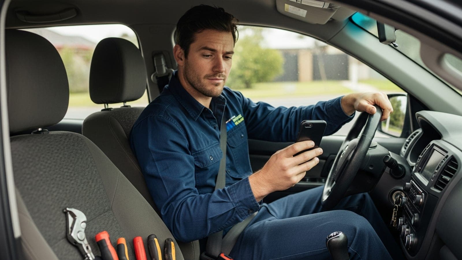 An Australian plumber in his work ute frowning at a lead-platform app on his phone.