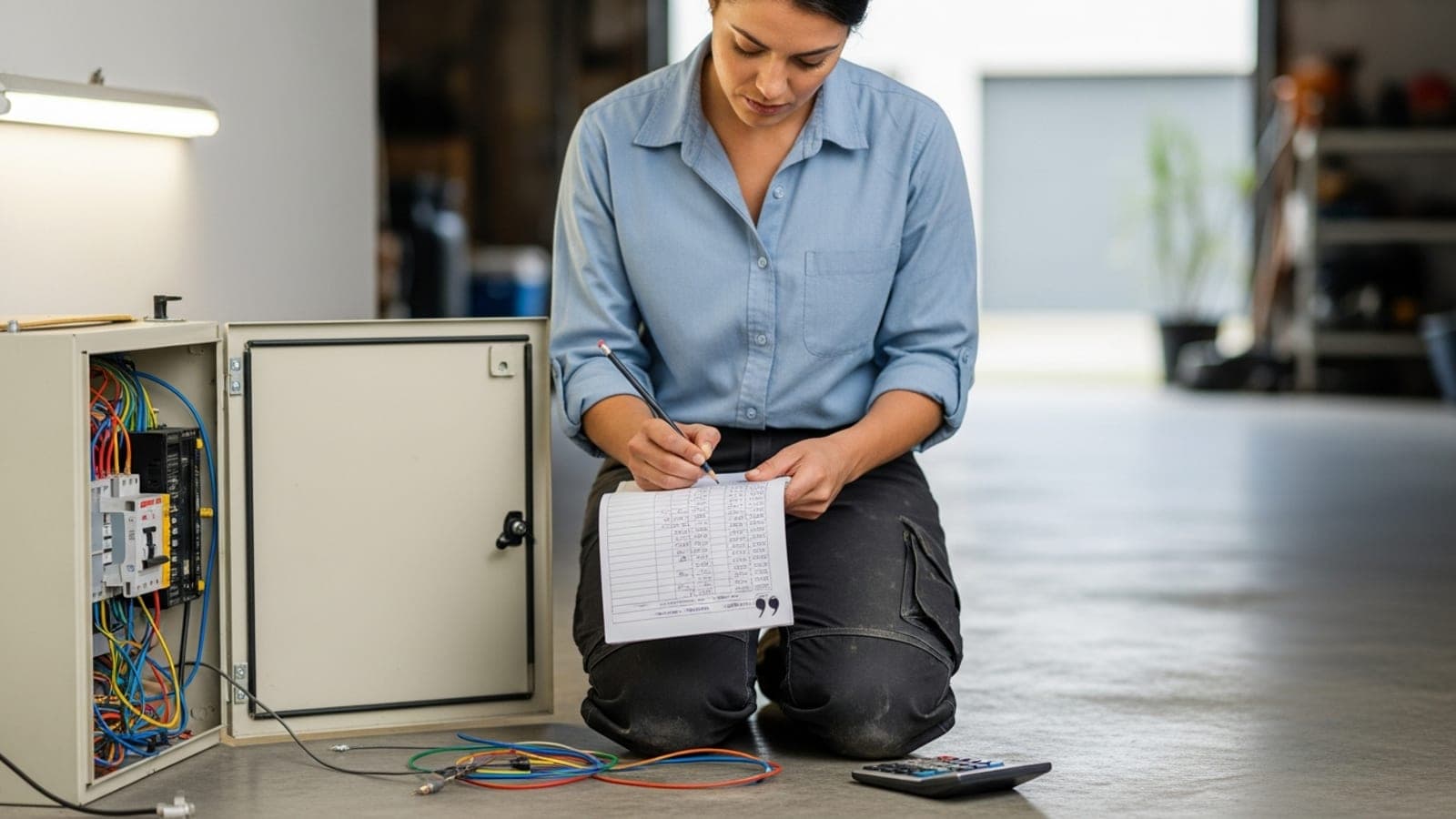 A female electrician kneeling on a garage floor beside an open switchboard, writing figures onto a paper quote pad balanced on her knee, a pencil and calculator resting on the concrete beside her.