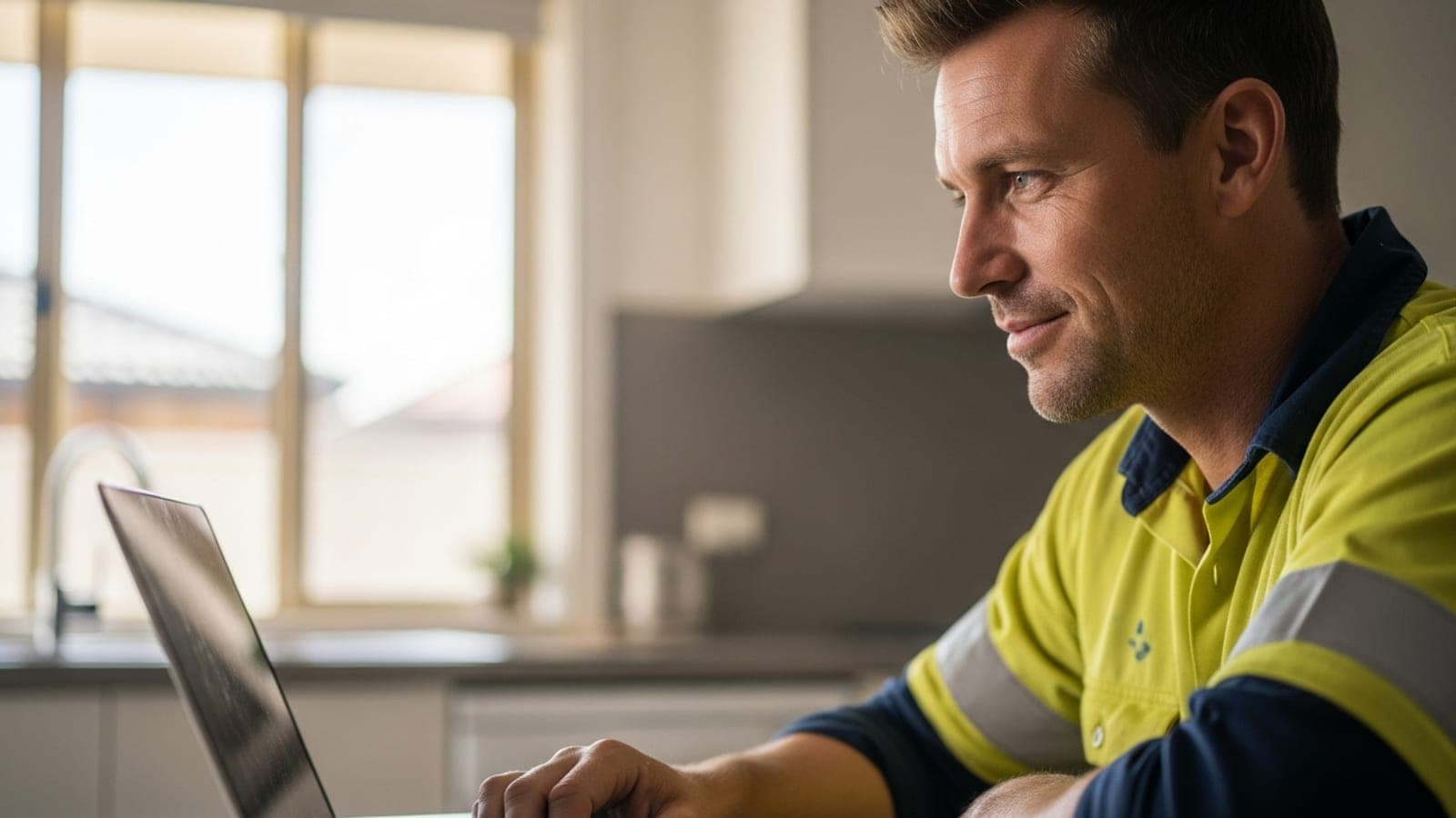 An Australian tradie in hi-vis sitting at his kitchen table setting up his Google Business Profile on a laptop.