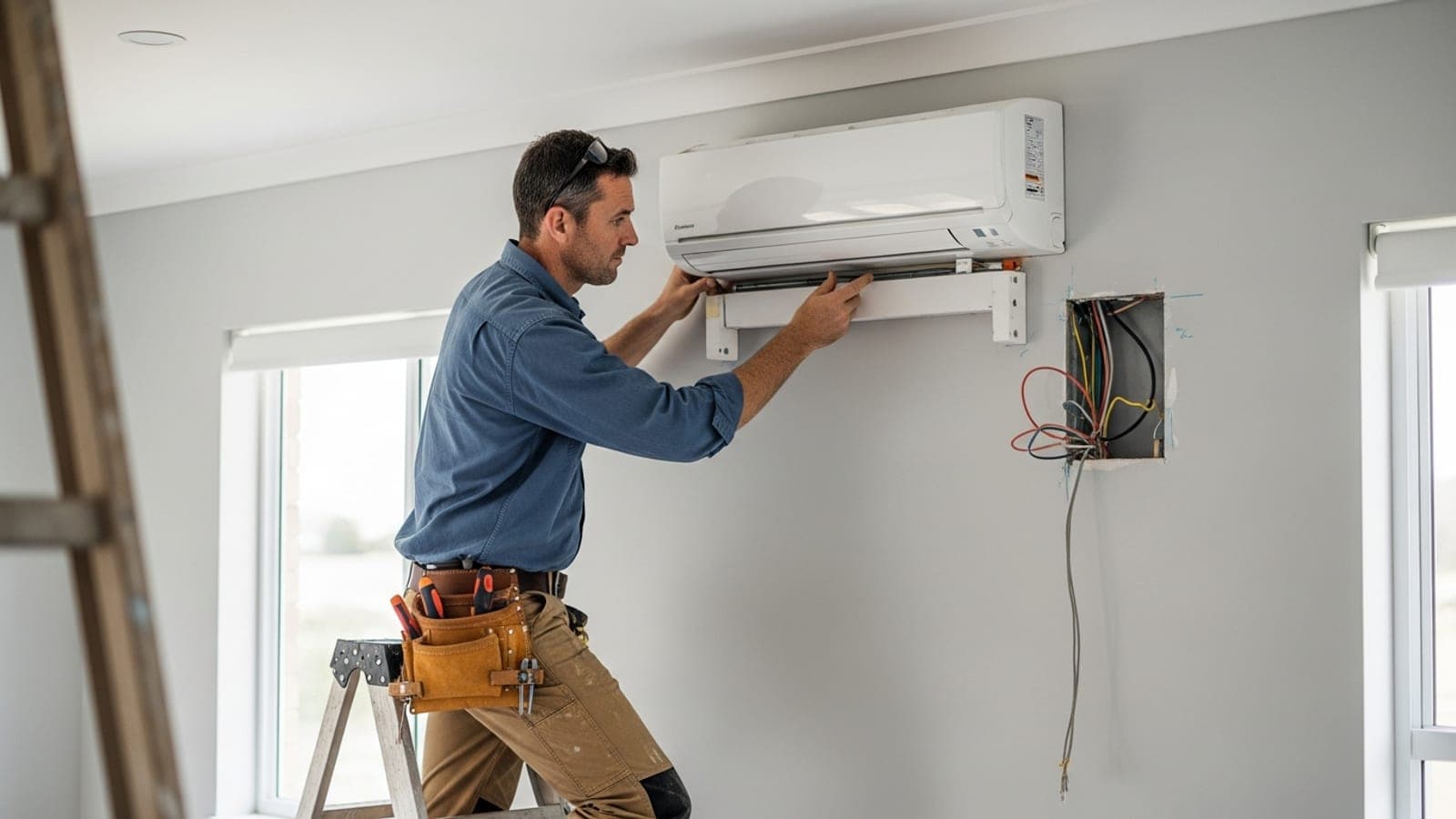 An Australian air conditioning installer mounting a split-system indoor unit onto an interior wall during a fit-off.