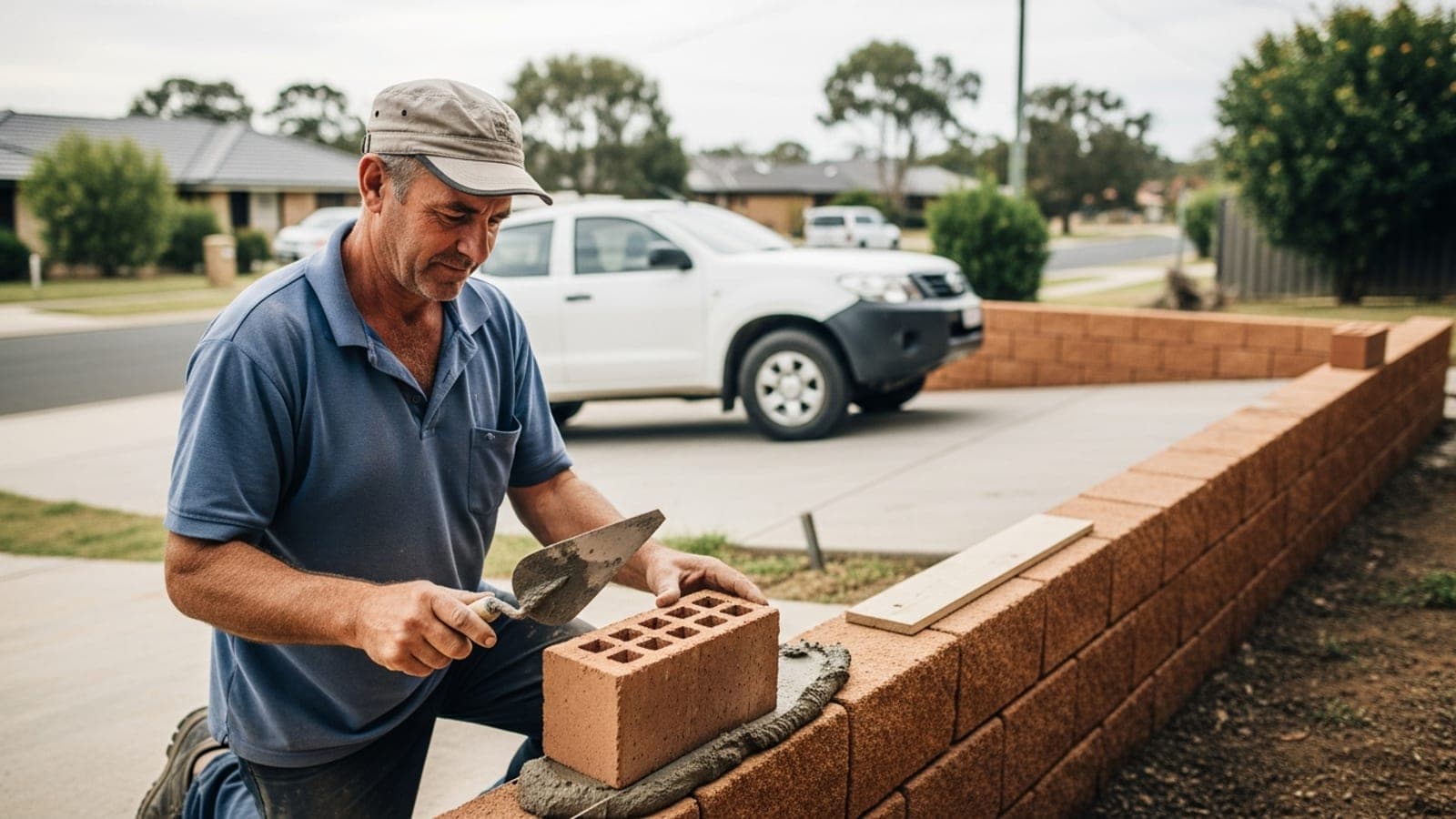 An Australian bricklayer in a plain unbranded polo and plain cap with no logos, laying a brick onto a bed of mortar on a half-finished brick retaining wall at a suburban job site, trowel in hand and mortar board resting on the wall, a plain unmarked white ute in the driveway behind him.