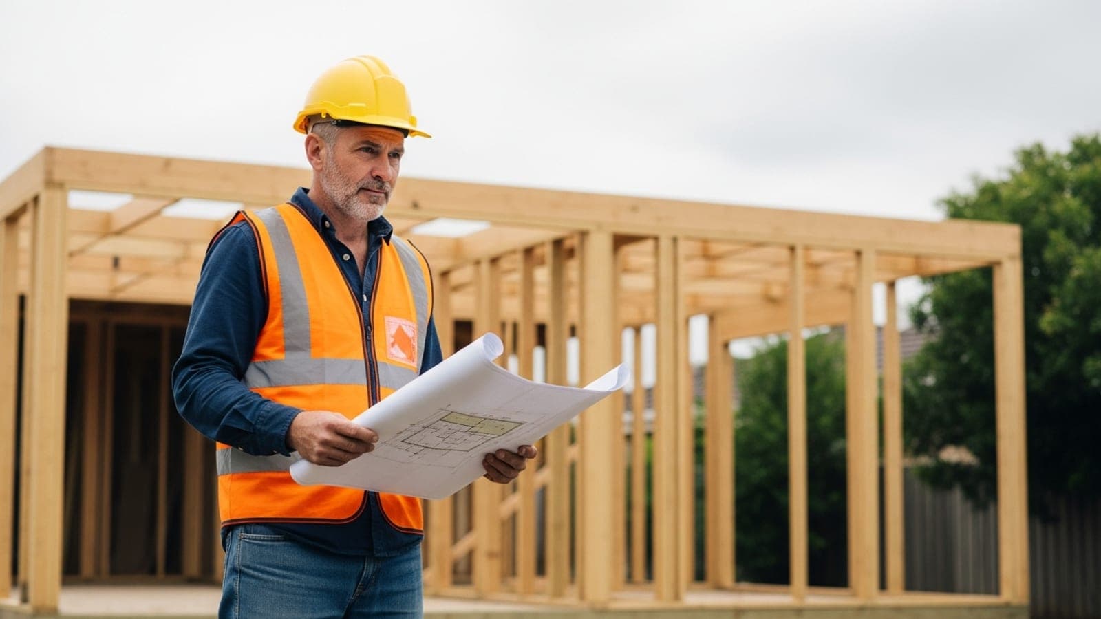 An Australian tradie builder in a hi-vis vest and hard hat holding architectural plans against an unfinished timber house-frame extension in a suburban backyard.