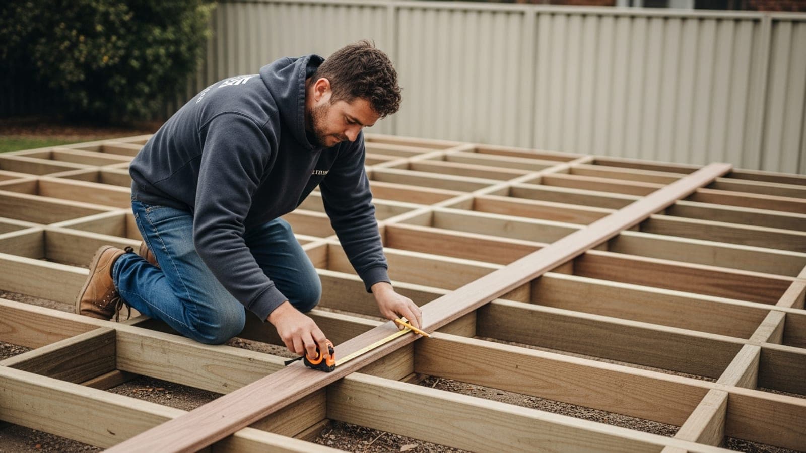 An Australian carpenter kneeling on a half-built timber deck frame in a suburban backyard, marking a decking board with a tape measure and pencil.
