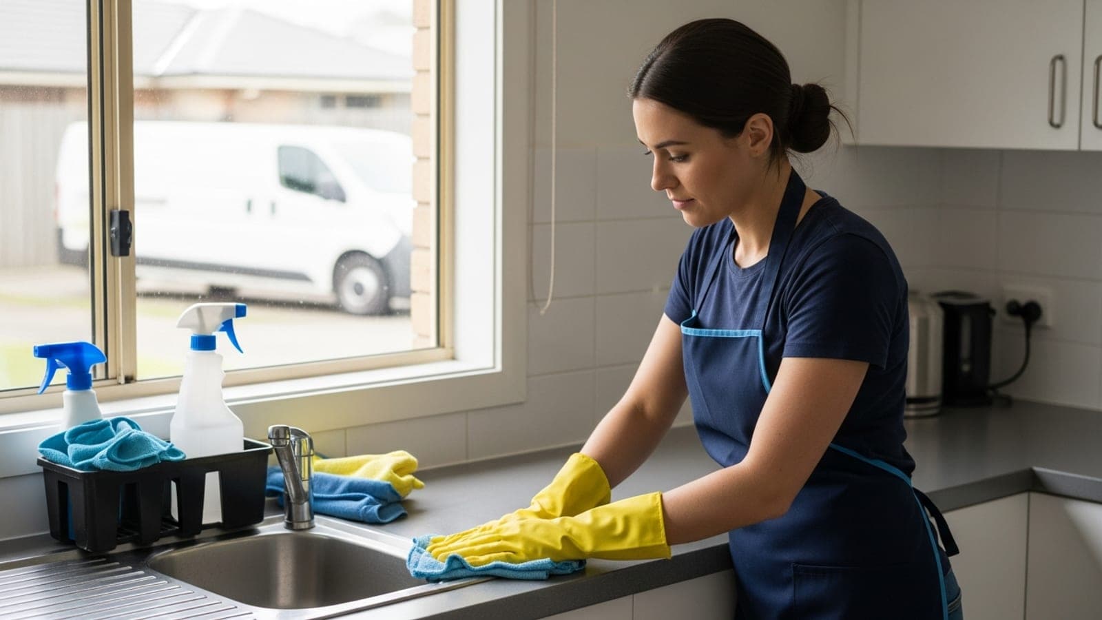 An Australian cleaner wiping down a stainless steel kitchen benchtop in a client's home, a caddy of spray bottles and microfibre cloths on the counter beside her, morning light through the window and a plain unmarked white van in the driveway outside.