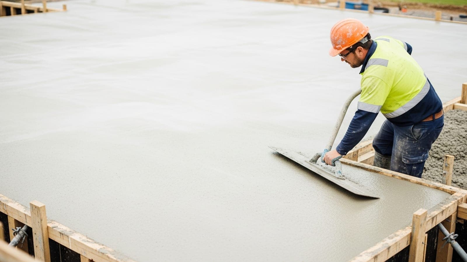 An Australian concreter in hi-vis bull-floating a freshly poured house slab between timber formwork.