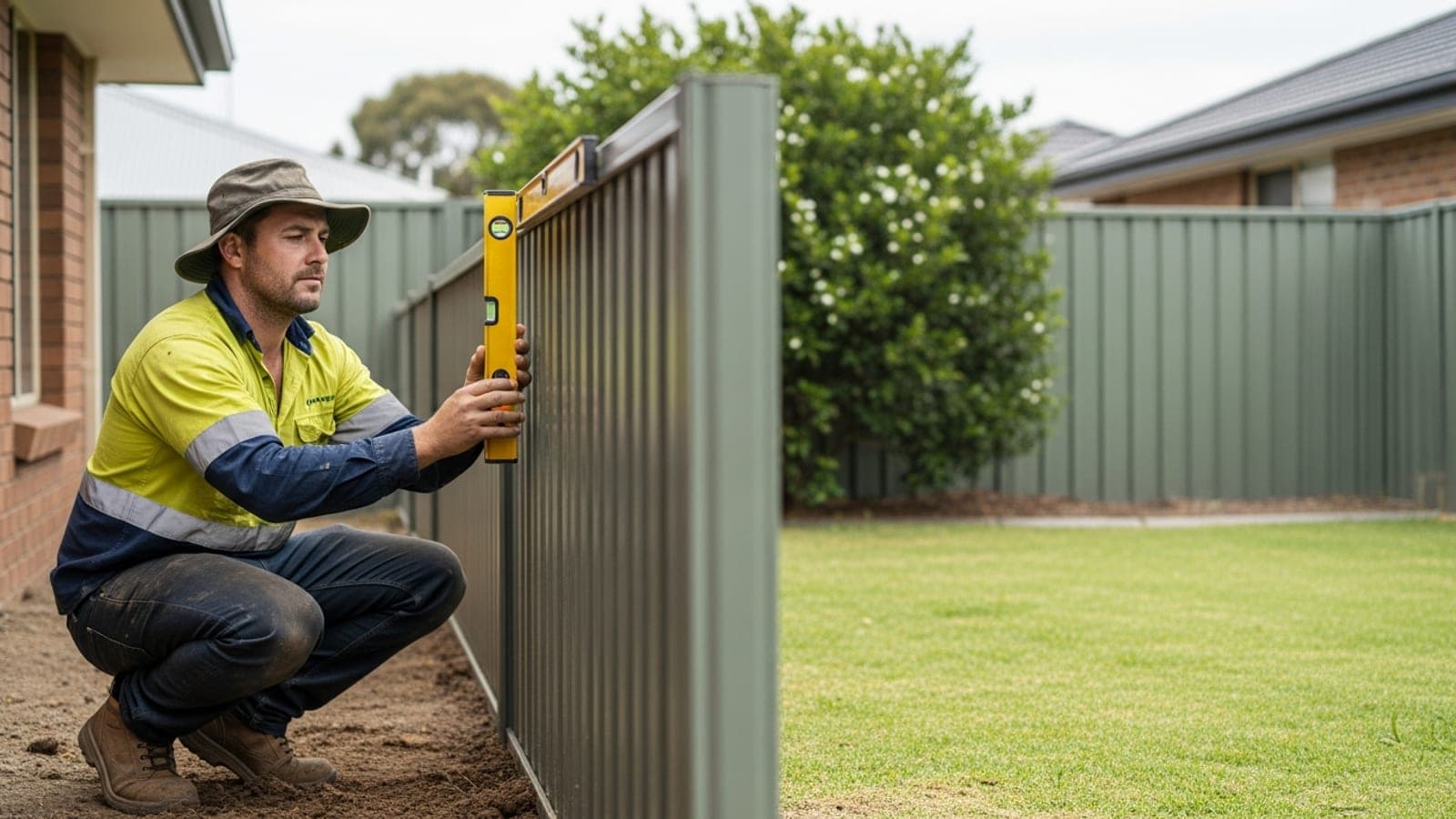 An Australian tradie fencer checking the alignment of a freshly installed Colorbond fence panel with a spirit level in a suburban backyard.