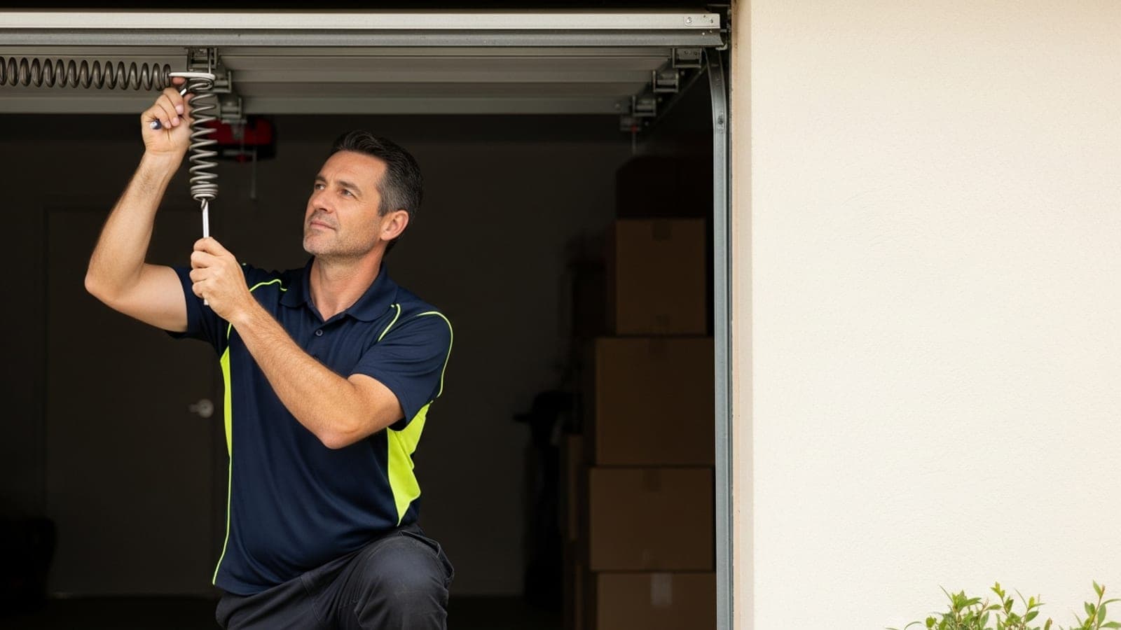 An Australian garage door installer in a plain unbranded hi-vis polo with no logo, centred in the frame, kneeling inside the open doorway of a suburban garage with the dark garage interior and stored boxes behind him, adjusting the torsion spring on the track above the door with a socket wrench.