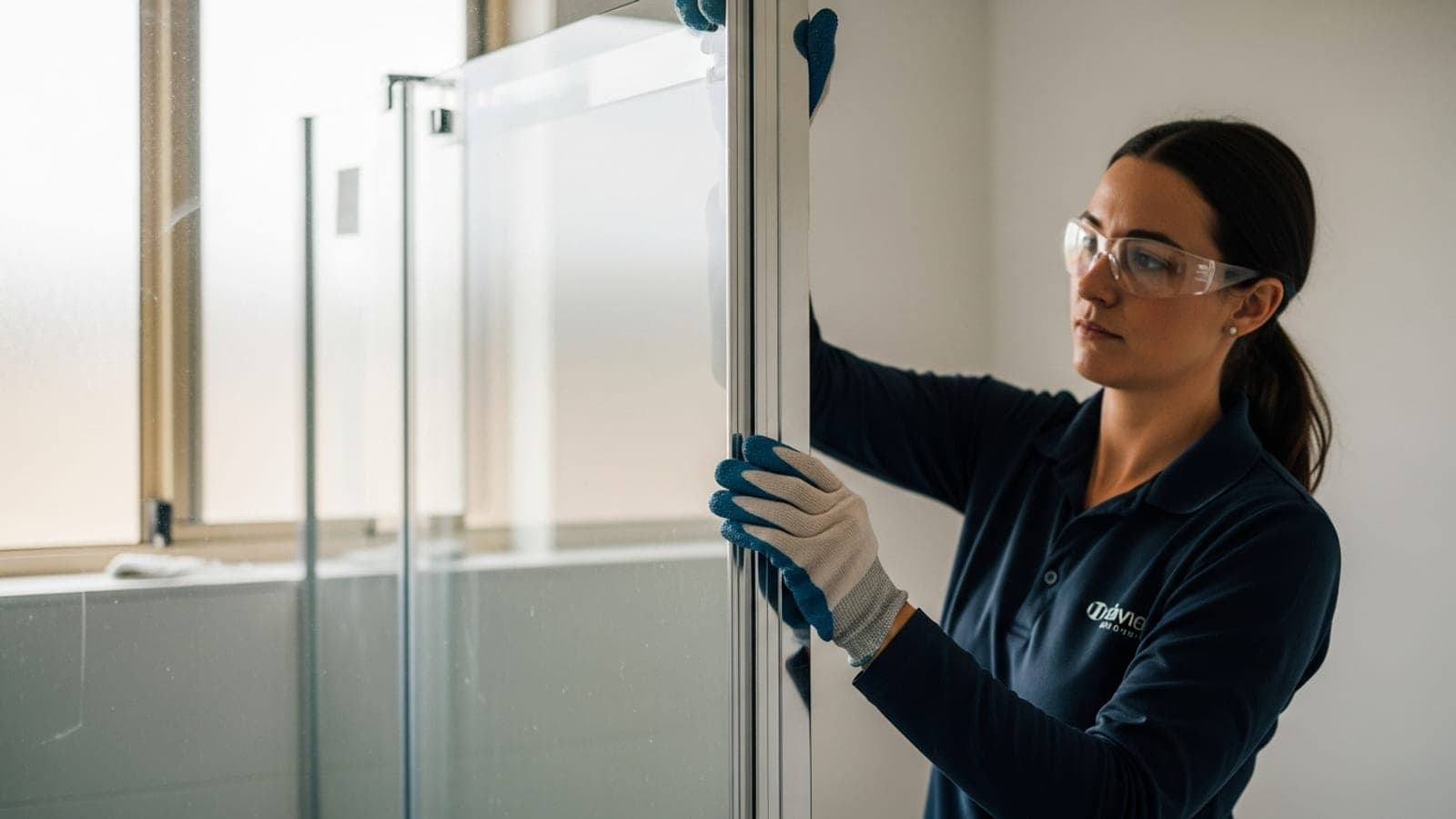 A female Australian glazier in safety glasses and gloves fitting a large frameless glass shower screen into an aluminium channel during a bathroom renovation.