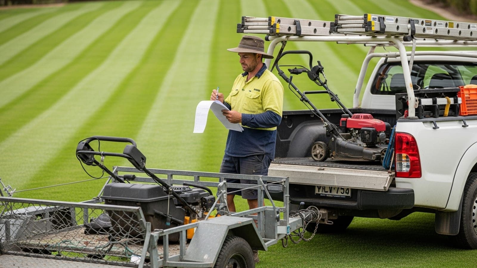 An Australian tradie lawn care professional standing beside his ute and trailer, writing on a paper invoice pad in front of a freshly mown striped lawn.