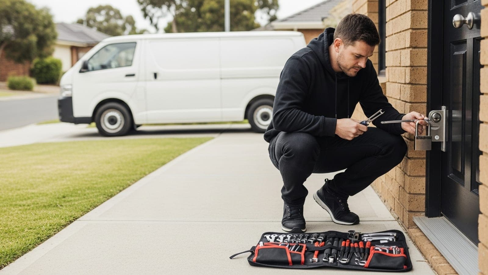 An Australian locksmith crouched at a suburban front door, working an external deadlock with lock picks and a tension wrench, his tool roll open on the doorstep and a plain white van in the driveway behind him.