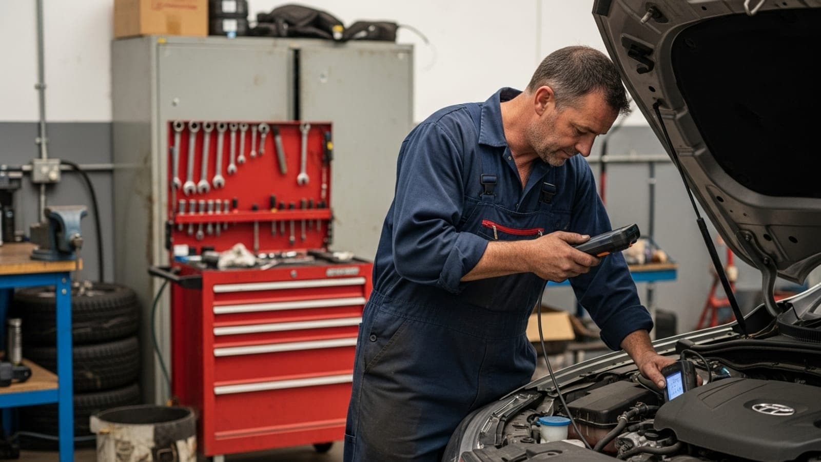 An Australian mechanic in plain unbranded navy overalls running a diagnostic check under the raised bonnet of a car in a workshop bay, tool trolley and workshop equipment behind him.